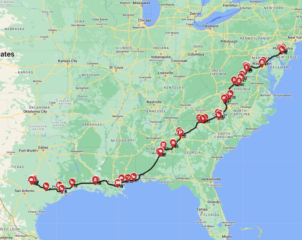 RV trip planner route from Austin to Philadelphia